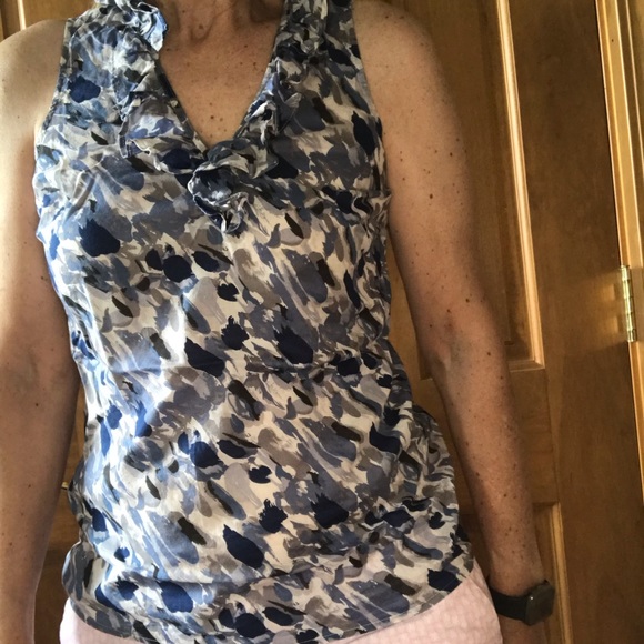 Loft Sleeveless Small Blue White Grey Top Ruffle - Picture 12 of 12